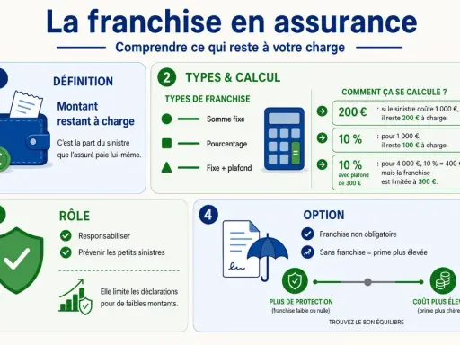Infographie expliquant la franchise en assurance : définition, types, calculs et rôle. Le **remboursement franchise** est la part du sinistre à la charge de l'assuré.