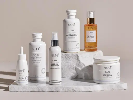 Keune Care Serie: Shampoo, Conditioner, Lotion, Miracle Elixir Spray, Satin Oil Treatment und Maske für empfindliches Haar und Kopfhaut.