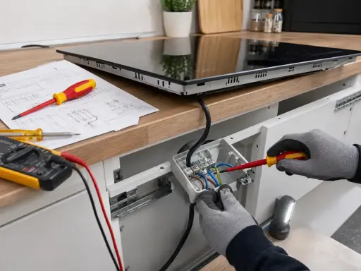 Instalator podłącza płytę indukcyjną 3-fazową, używając śrubokręta i instrukcji. Obok leży multimetr.