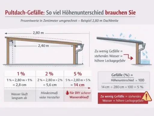 Pultdach-Konstruktionszeichnung zeigt Gefälleberechnung für sicheren Wasserablauf. 2,80m Dachbreite erfordert 1-5% Neigung.