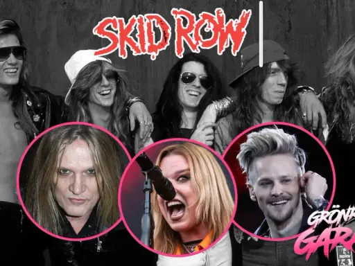 Medlemmar av Skid Row, både nuvarande och tidigare, visas i en collagebild.