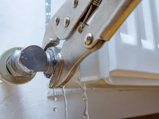 Pinzas sujetan una conexión de un radiador que gotea, con agua cayendo.