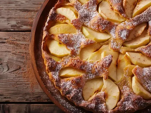 Un délicieux clafoutis aux pommes, saupoudré de sucre glace, repose sur un plateau en bois rustique.