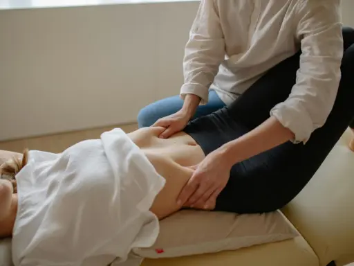 Terapeuta wykonuje masaż przepony u leżącej pacjentki. Delikatne ruchy dłoni przynoszą ulgę i relaks.