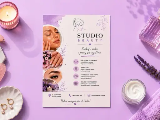 Darmowe szablony ulotek dla Studio Beauty. Pielęgnacja twarzy, manicure, stylizacja rzęs i brwi, relaks.