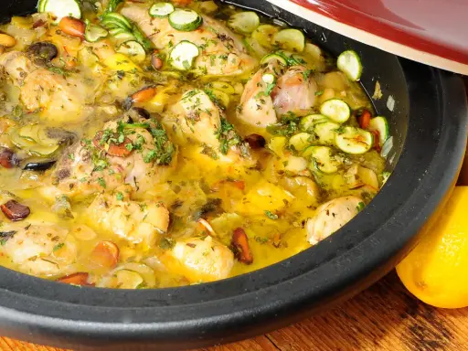 Tajín de pollo con calabacín, aceitunas y almendras, servido en una cazuela de barro, con limones frescos al lado.