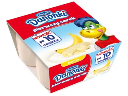 Danonki wapń pierwszy serek banan. Nowość po 10 miesiącu. Idealne dla maluchów od kiedy zaczynają przygodę z nowymi smakami.