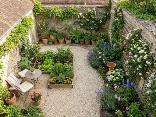 Idéal pour aménager un petit jardin de 20m2 : potager, fleurs, roses grimpantes et coin repas.