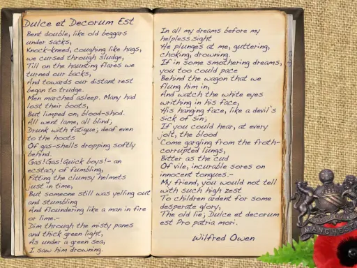 La poesia "Dulce et decorum est" di Wilfred Owen, con la sua cruda traduzione della guerra.