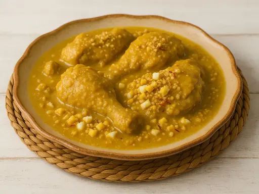 Pollo en pepitoria, un plato tradicional español, servido en un cuenco de cerámica con trozos de huevo duro y hebras de azafrán.