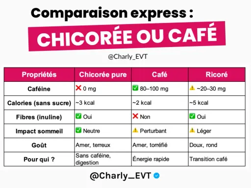 Tableau comparatif : la chicorée pure, sans caféine, est riche en fibres (inuline), idéale pour la digestion. Le café et le ricoré en contiennent aussi.