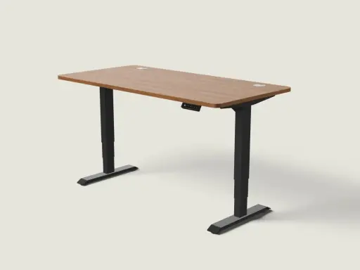Bureau réglable en hauteur, idéal pour alterner position assis debout. Plateau bois, pieds noirs.
