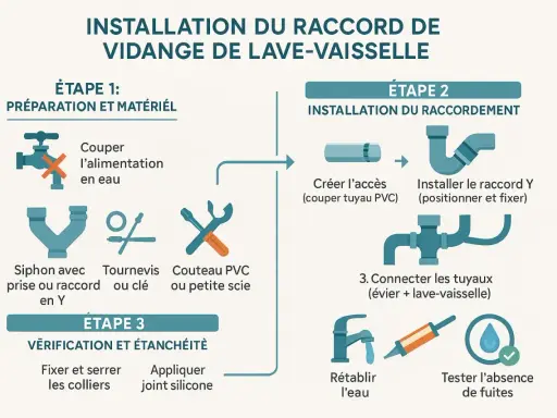 Guide d'installation du branchement lave vaisselle : étapes, matériel et vérification d'étanchéité.
