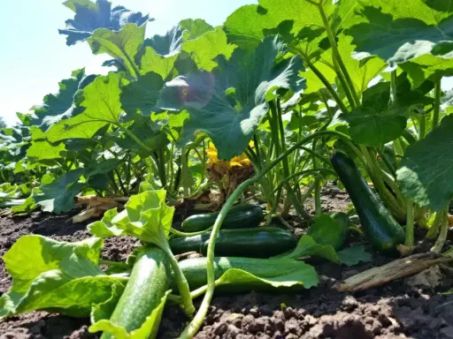Courgettes vertes mûres sous de grandes feuilles, témoignant de la **durée de vie d'un plant de courgette** et de sa générosité.