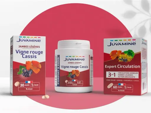 Produits Juvamine "Vigne rouge Cassis" et "Expert Circulation" pour des jambes légères. Les bienfaits de la vigne rouge pour la circulation.