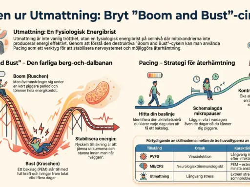 Bilden visar hur man bryter utmattningens "boom and bust"-cykel. Den illustrerar kronisk stress som en berg-och-dalbana, med strategier för återhämtning som pacing.
