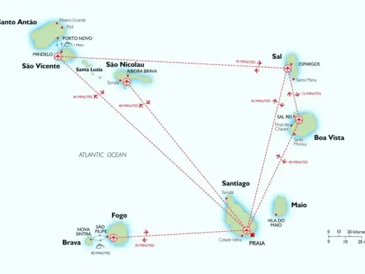 Mapa wysp Zielonego Przylądka z zaznaczonymi połączeniami lotniczymi. Zobacz, co warto zobaczyć na Sal, Boa Vista, Santiago, Fogo, Santo Antão i São Vicente.