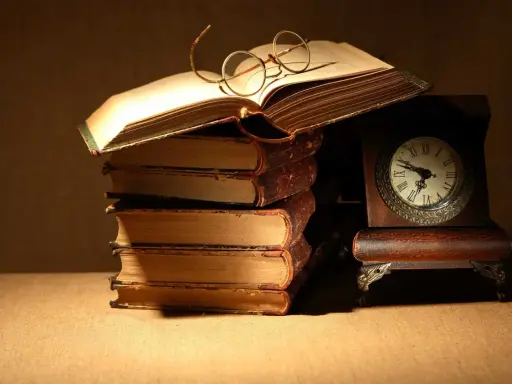 Un libro aperto con occhiali da lettura, una pila di antichi volumi e un orologio da tavolo. Un invito a leggere Catullo: "dammi mille baci".