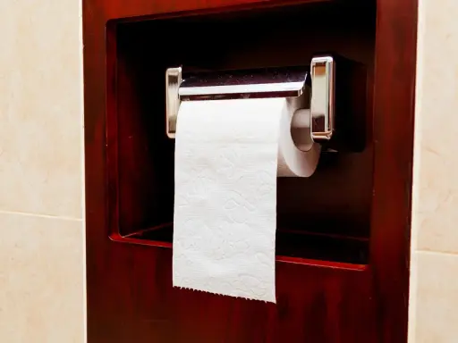 Uchwyt na papier toaletowy zamontowany jest na wygodnej wysokości, w ciemnej, drewnianej wnęce.