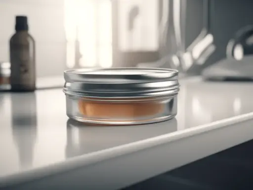 Ein glänzender Tiegel mit orangefarbener pomade wasserbasiert steht auf einer glatten Oberfläche. Im Hintergrund eine braune Flasche.