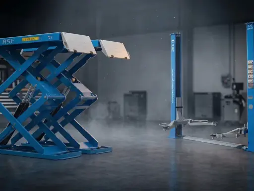 Dos tipos de elevadores para taller: uno de tijera azul y otro de dos columnas azul.