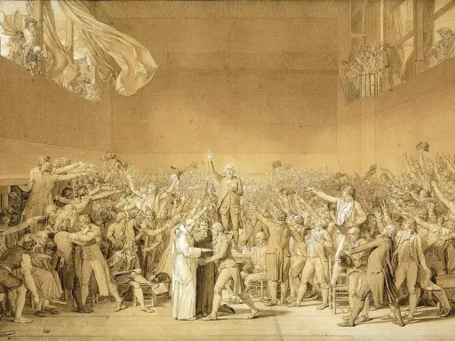 Der Ballhausschwur 1789: Eine Menge von Männern erhebt die Hände in einem Ballhaus, um einen Eid zu schwören.