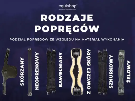 Różne rodzaje popręgów: skórzany, neoprenowy, bawełniany, z owczej skóry, sznurkowy i żelowy.