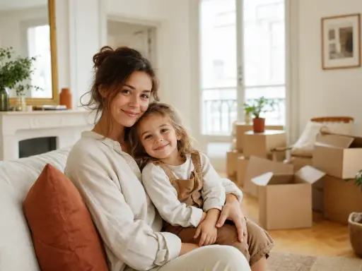 Mère et fille souriantes sur un canapé, entourées de cartons de déménagement. Un nouveau départ après un bail aux 2 noms, malgré la séparation.