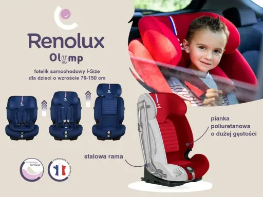 Renolux Olymp – fotelik I-Size dla dzieci 76-150 cm. Widok dziecka w czerwonym foteliku i prezentacja jego budowy: stalowa rama i pianka poliuretanowa.