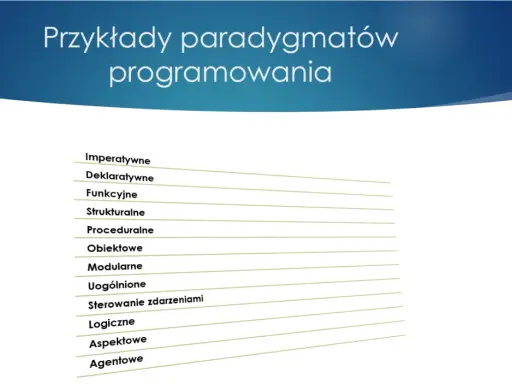 Lista różnych paradygmatów programowania: imperatywne, deklaratywne, funkcyjne, strukturalne, proceduralne, obiektowe, modularne, uogólnione, sterowanie zdarzeniami, logiczne, aspektowe, agentowe.