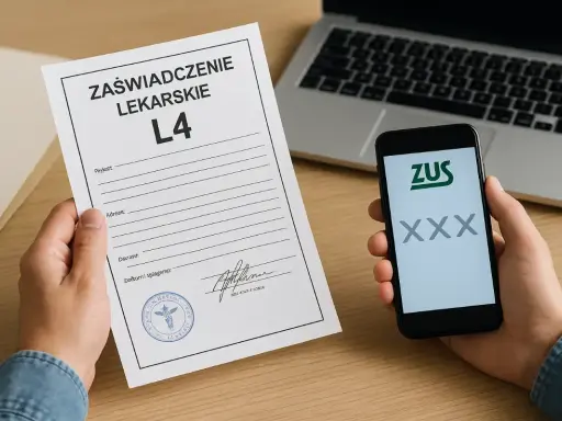 Ręce trzymają zaświadczenie lekarskie L4 i telefon z aplikacją ZUS. To dobry powód na zwolnienie lekarskie.