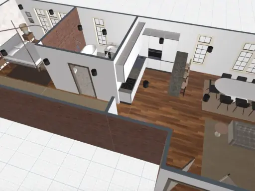 Distribución loft: dormitorio con cama, baño, cocina moderna y salón comedor con mesa ovalada y sofá.