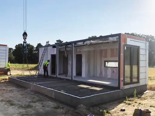 Budowa domu na zgłoszenie postępuje. Dźwig podnosi moduł, a pracownicy w kamizelkach nadzorują montaż. Warunki zabudowy sprzyjają szybkiemu postawieniu konstrukcji.