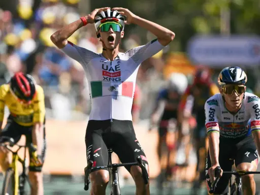 Radfahrer jubelt nach Etappensieg bei der Tour de France. So funktioniert die Tour de France: Ausdauer, Strategie und ein Hauch von Glück entscheiden.