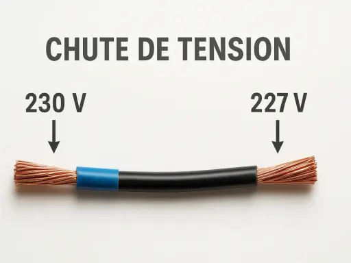 Chute de tension : 230V à gauche, 227V à droite. Le diamètre du câble électrique influence cette perte.