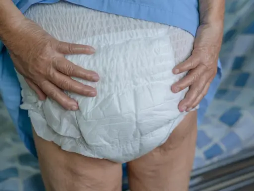 Mani anziane che sistemano un doppio pannolone per garantire il massimo comfort e protezione.