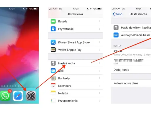 Ekran iPhone z ustawieniami, gdzie widać opcję "Hasła i konta" oraz włączone "Autouzupełnianie haseł".