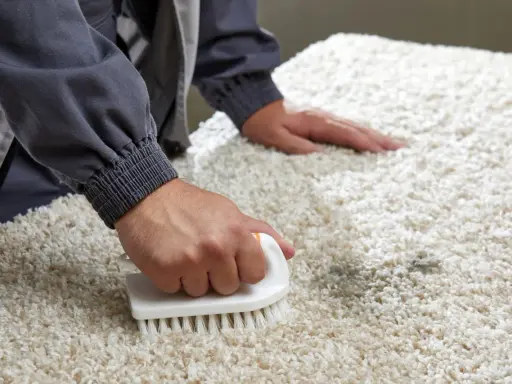 Persona usa un cepillo para limpiar alfombra con bicarbonato, eliminando manchas y malos olores.
