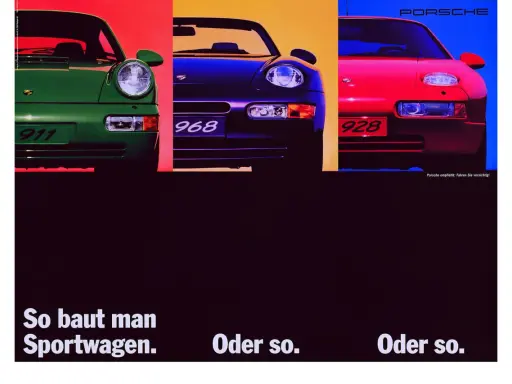 Porsche 911, 968 und 928 in leuchtenden Farben. Die Porsche Werbung zeigt, wie Sportwagen gebaut werden.
