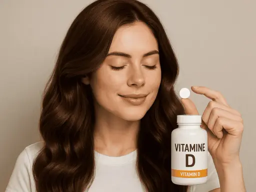 Une femme tient une pilule de vitamine D, un geste pour la santé de ses cheveux.