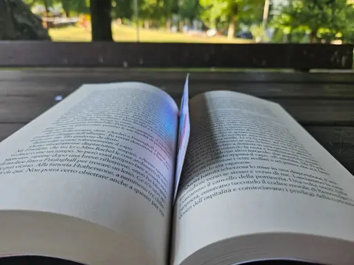 Un libro aperto, con pagine che sembrano sussurrare storie, forse della saga "50 sfumature".