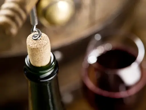 Korek wyjmowany z butelki, kieliszek wina i beczka. Czy wino ma datę ważności? To pytanie zadaje sobie wielu miłośników tego trunku.