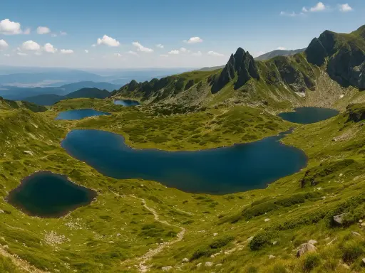 Siedem Rilskich Jezior w górach w Bułgarii. Lśniące tafle wody otoczone zielonymi zboczami.