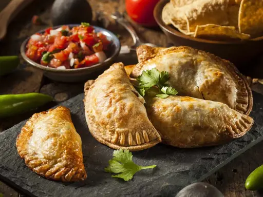 Gyllene argentinska empanadas recept på en svart stenplatta, serverade med färsk salsa och tortillachips.