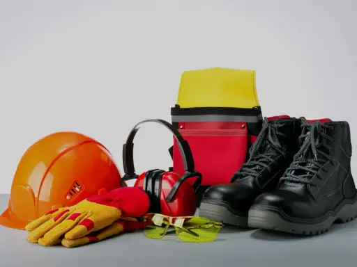 Casco naranja, guantes amarillos, gafas de sol, protectores auditivos, botas negras y un bolso de herramientas. ¡No olvides revisar la caducidad de tus epis!