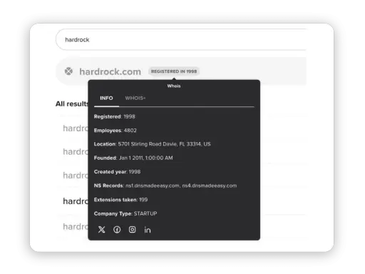 Wyniki wyszukiwania domeny hardrock.com z informacjami WHOIS, w tym datą rejestracji 1998.