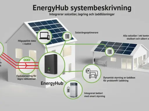 Illustrerar ett EnergyHub-system med solceller, batterilagring och laddbox. Ett kopplingsschema visar hur systemet integrerar solceller för smart elnät och laddning.