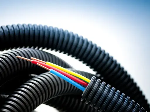 Trois câbles colorés sortent d'une gaine ondulée noire. La question est : combien de cable dans une gaine ?