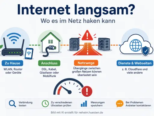 Illustration zeigt Ursachen für langsame Internetverbindung: WLAN-Router, Anschluss, Netzwege, Dienste. Hilft bei der Diagnose der verbindungsgeschwindigkeit wlan.