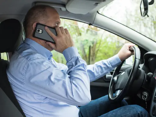 Mężczyzna za kierownicą rozmawia przez telefon, co może skończyć się mandatem.